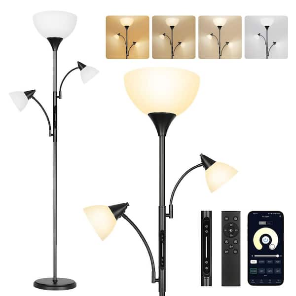 BICIK 71 in. Black 3-Light Dimmable Torchiere Floor Lamp with White Acrylic Bowl Shades and Remote