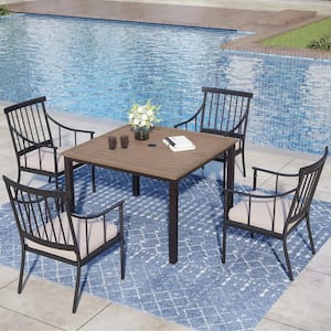 5-Piece Metal Patio Outdoor Dining Set with Square Brown Slat Tabletop and Stylish Chairs with Beige Cushions