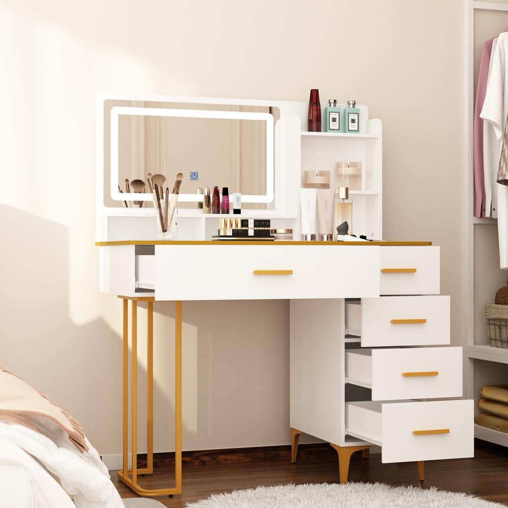 Fufuandgaga 5 Drawers Modern Makeup Vanity Desk Wood Dressing Table In Gold And White With 3 Color