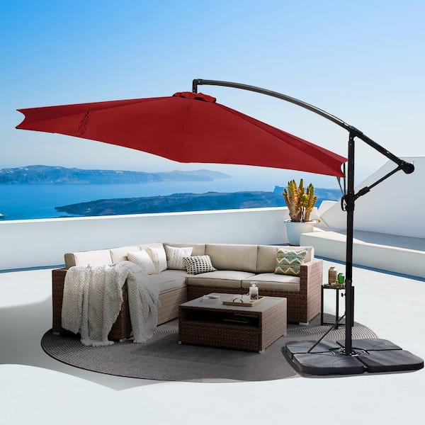 SUNRINX 12 ft. Steel Cantilever Offset Patio Umbrella in Red with Weighted Base