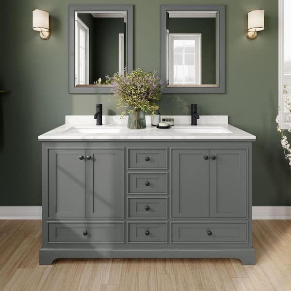 Wyndham Collection Deborah 60 in. W x 22 in. D x 35 in. H Double Bath Vanity in Dark Gray w/ Carrara Cultured Marble Top and 24 in. Mirrors