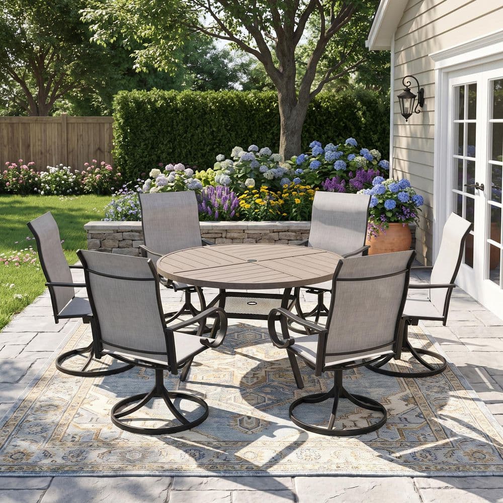 7-Piece Metal Outdoor Dining Set with 47.2 in. Gray Wood-Like Round Table and 6 Textilene Swivel Chairs with Gray Fabric price history on PriceWatchPro