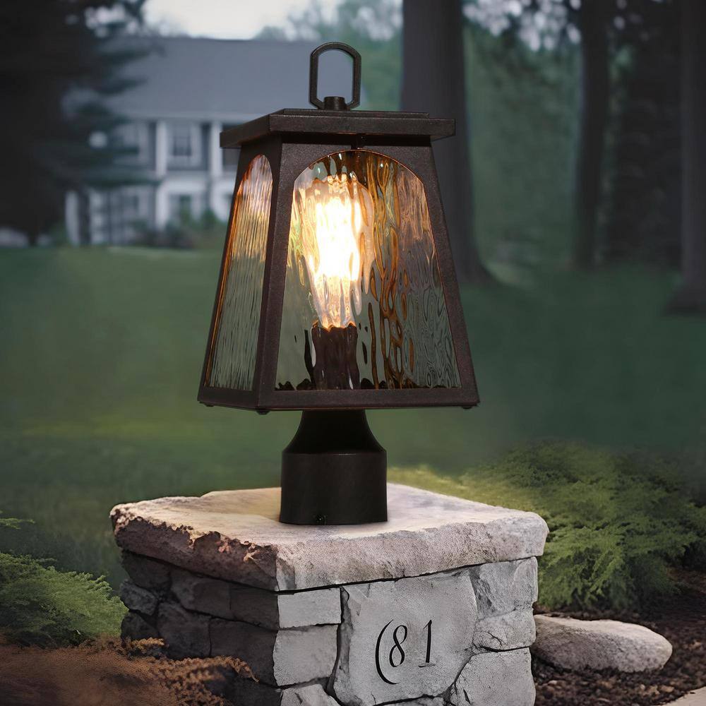 LNC 1-Light Rusty Bronze Metal Hardwired Outdoor Weather Resistant Post Light with Water Wave Glass and No Bulbs Included