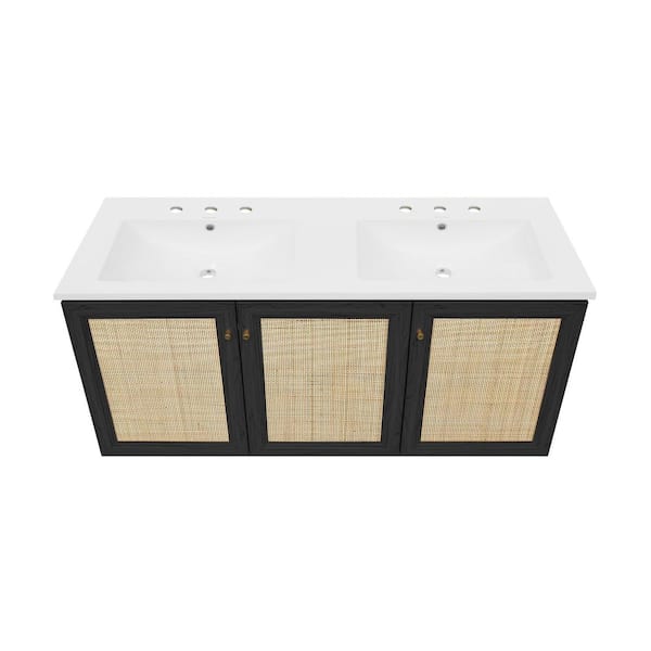 Classe 48 in. Wall-Mounted Bathroom Vanity in Black Oak with 3-Hole Widespread Double Basin Sink Top