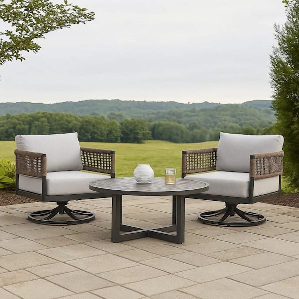 Argy Black 3-Piece Metal Patio Conversation Set with Gray Polyester Cushions