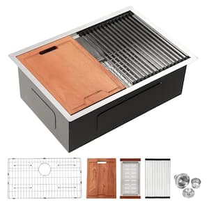 27 in. x 19 in. Undermount 16 Gauge Stainless Steel Single Bowl Workstation Kitchen Sink with Cutting Board and Strainer