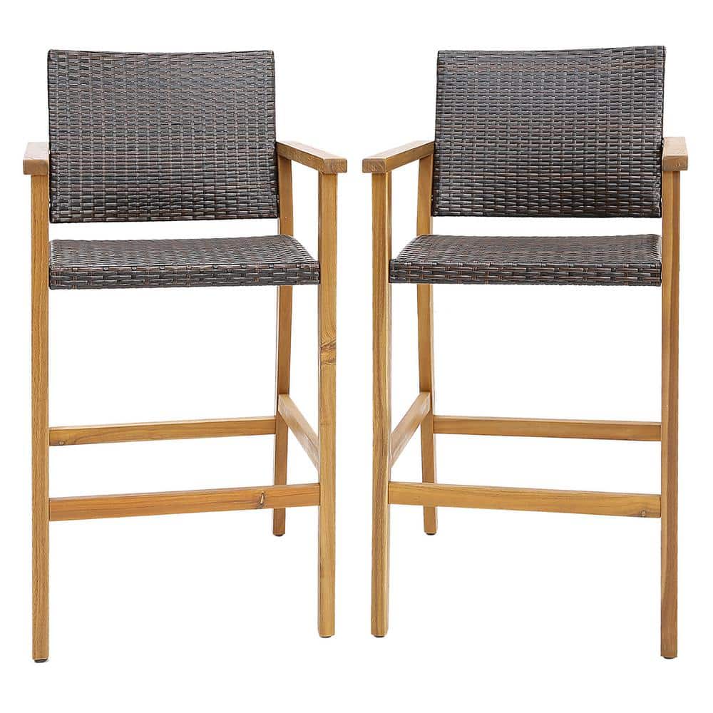 Gymax Patio Rattan Wood Outdoor Bar Stool Set of 2 Outdoor PE Wicker Bar Chairs with Armrests ...
