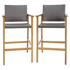 Patio Rattan Wood Outdoor Bar Stool Set of 2 Outdoor PE Wicker Bar Chairs with Armrests and Sturdy Footrests