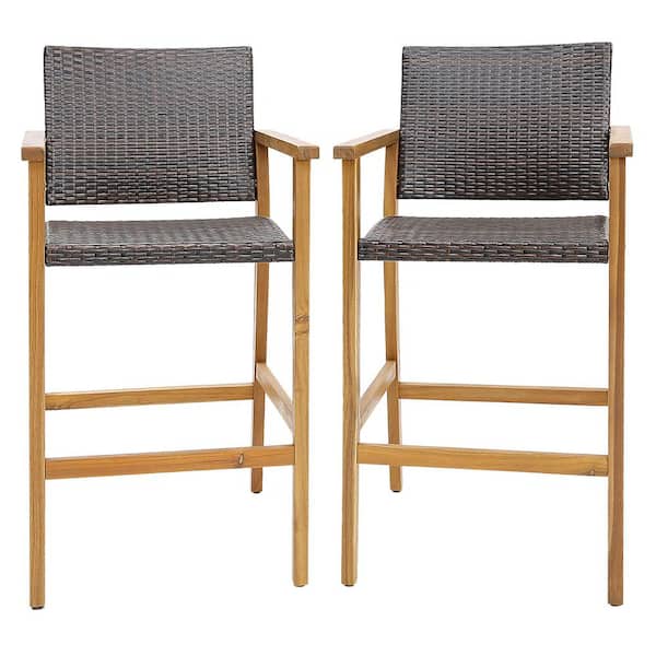 Gymax Patio Rattan Wood Outdoor Bar Stool Set of 2 Outdoor PE Wicker Bar Chairs with Armrests and Sturdy Footrests