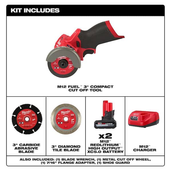 M12 FUEL 12V Lithium-Ion Brushless Cordless 3 in. Cut Off Saw w/M12 XC 5.0 Ah Battery (2-Pack) Starter Kit and Charger