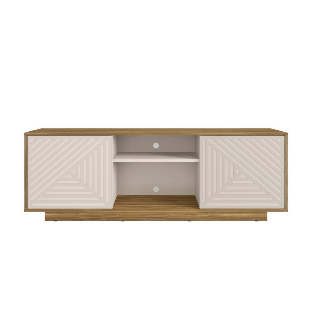 Modern Oak and White Chevron Pattern TV Stand with Cabinets