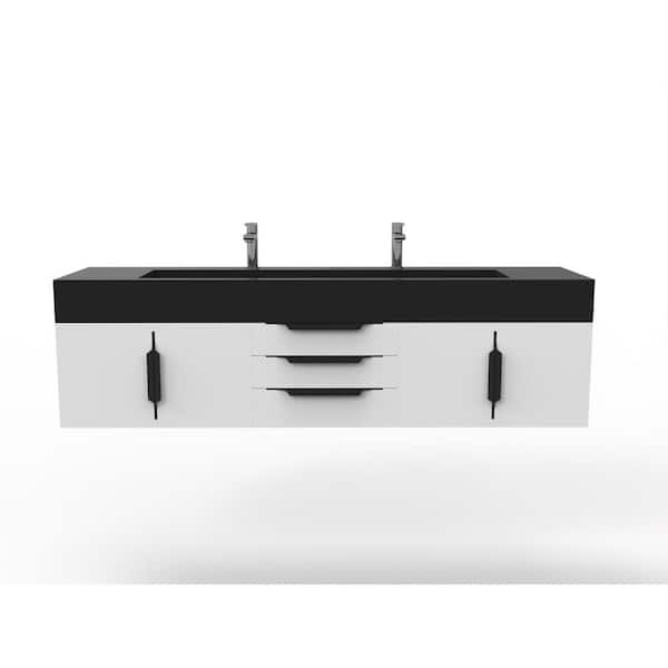 castellousa Nile 72 in. W x 19 in. D x 20 in. H Single Bath Vanity in Matte White with Black Trim and Black Solid Surface Top