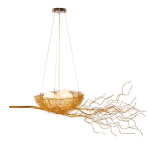 3-Light Gold Creative Bird Nest Chandelier with Adjustable Height for Living Room Dining Room Bedroom, No Bulbs Included
