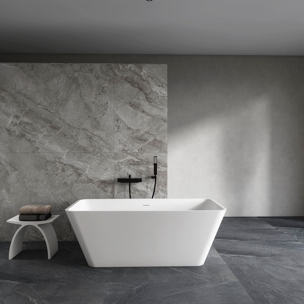 67 in. x 31.5 in. Artificial Stone Soaking Bathtub in Matte White Solid Surface with Overflow and Pop-up Drain