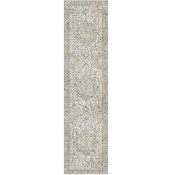 Kaponi Green Brown 2 ft. x 8 ft. Vintage Washable Medallion Distressed Runner Rug