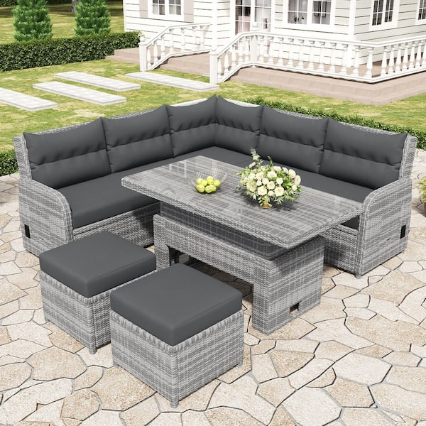 Unbranded 5-piece Wicker Outdoor patio Sectional sofa furniture set with adjustable table and two footstools, grey Cushions
