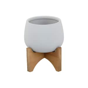 4.8 in. Gray Soft-Touch Ceramic Pot with Wood Stand