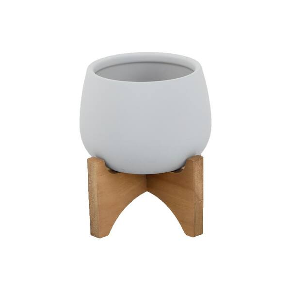 Flora Bunda 4.8 in. Gray Soft-Touch Ceramic Pot with Wood Stand