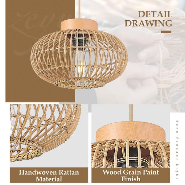 JAZAVA 12 in. 1-Light Wood Pendant Light with Natural Rattan Shade