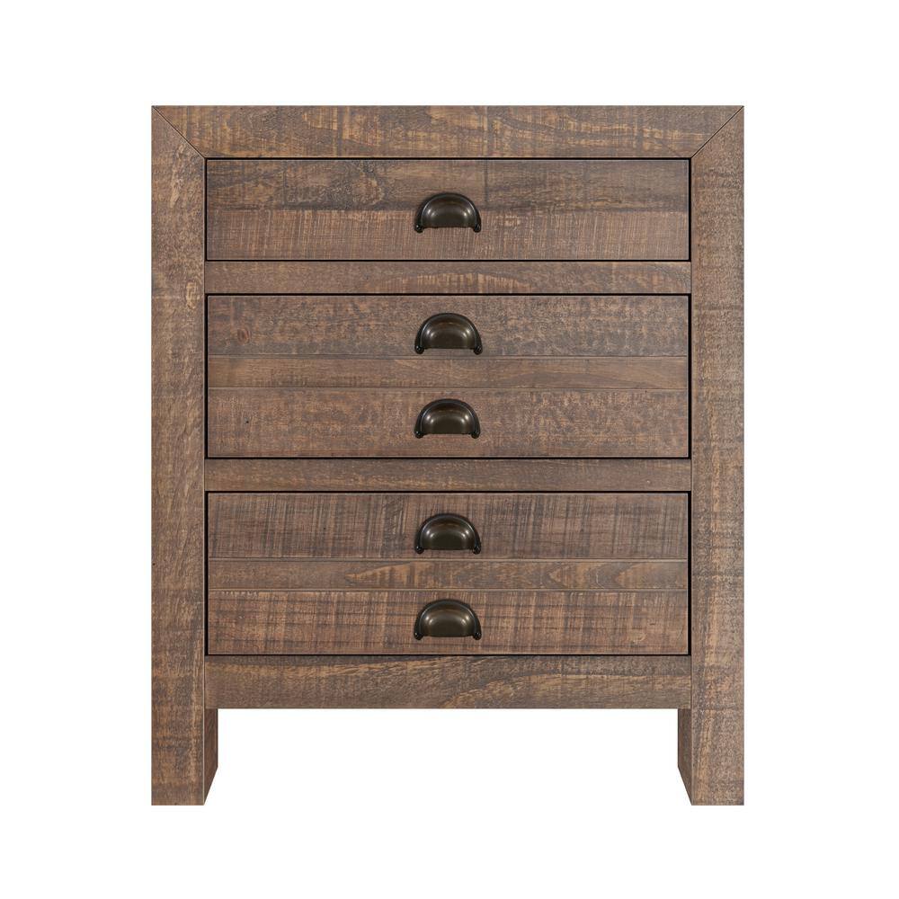 Rustic Brown Solid Pine Wood 3-Drawer Nightstand with Cup Pulls