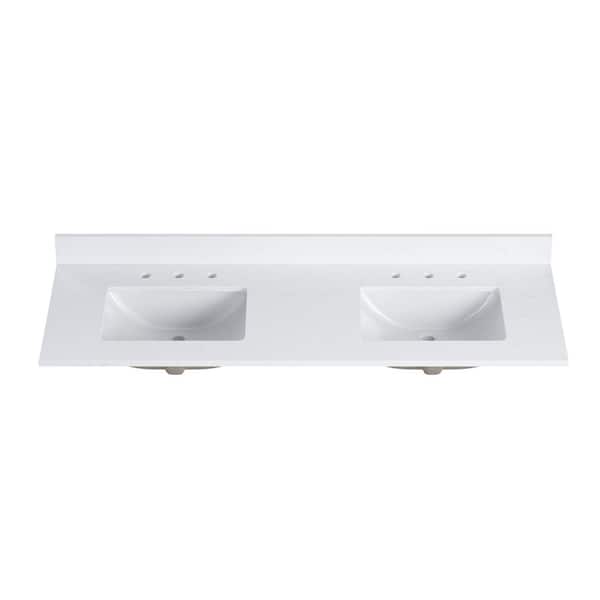 DELUXE DL LIVING 61 in. W x 22 in. D Quartz White Rectangular Double Sink Bathroom Vanity Top in Carrara White