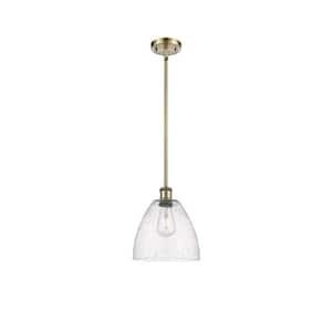 Bristol Glass 60-Watt 1 Light Antique Brass Shaded Mini Pendant Light with Seeded glass Seeded Glass Shade