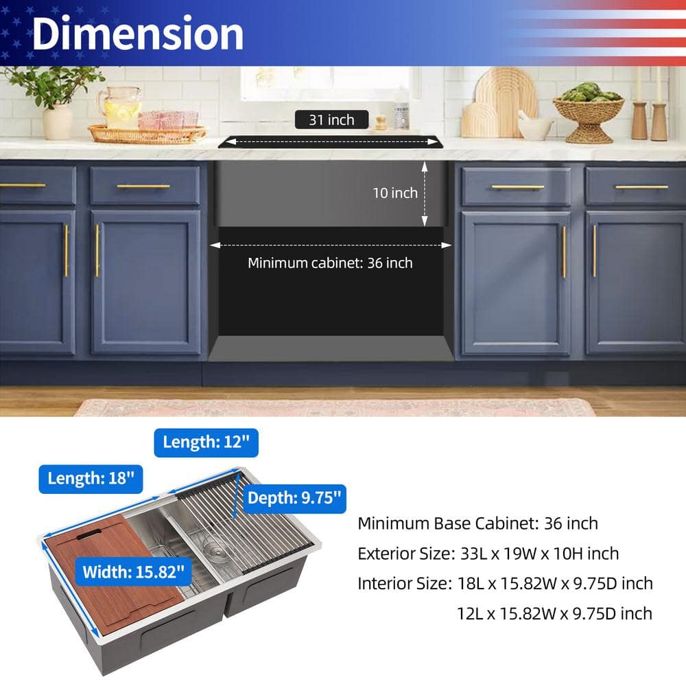 33'' Stainless Steel Undermount Double Bowl Kitchen Sink with Accessories