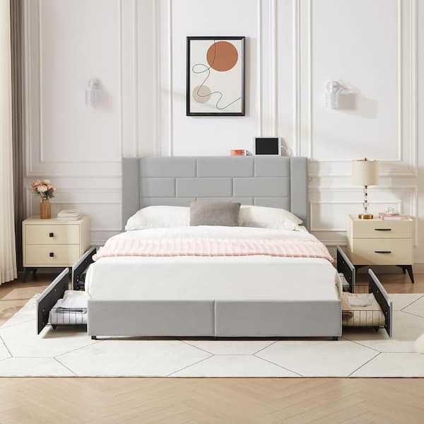 VECELO Upholstered Bed Light Gray Metal Frame Queen Platform Bed with USB Charging Drawers & No Boxspring Needed, Easy Assembly