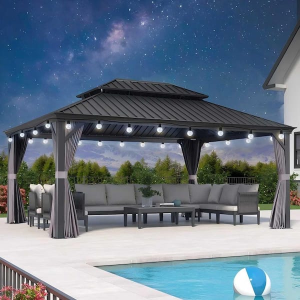 14 ft. x 16 ft. Gray Patio Outdoor Gazebo for Backyard Hardtop Aluminum Frame with Hooks, Netting, Curtain 36-Lights