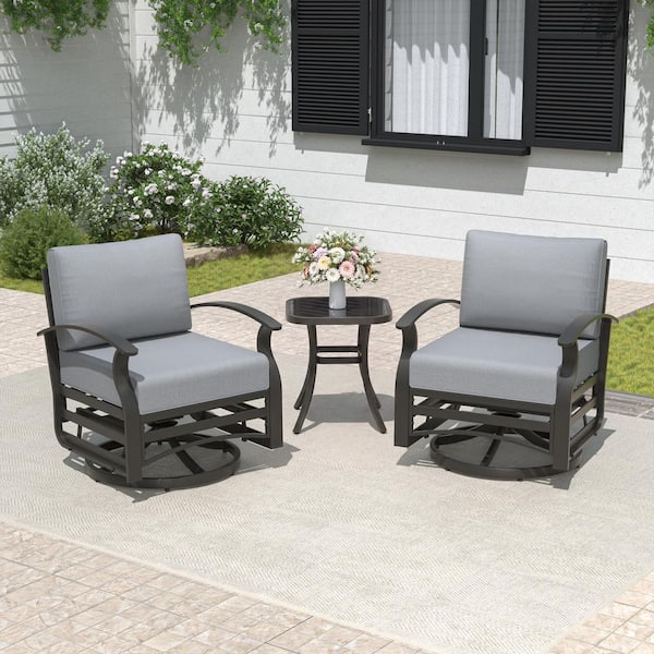 3-Piece Aluminum Swivel Outdoor Rocking Chairs Patio Conversation Set with Gray Cushions and Table, Garden, Backyard