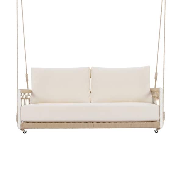 ITOPFOX 1 Piece Brown Plastic Woven Rope Outdoor Swing Sofa with Soft Seating 2 for Patio, Courtyard and Balcony Beige Cushions