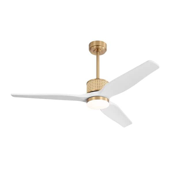 52 in. (4.3 ft. ) 3 Solid Wood Blades Indoor Ceiling Fan with Integrated LED, Brown and Brass