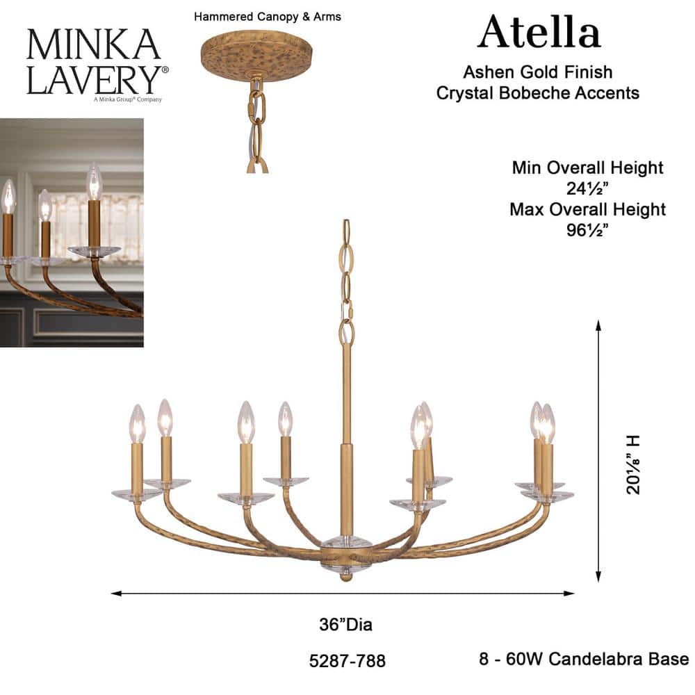 Ashen Gold 36" 8-Light Candle Style Chandelier with Crystal Accents