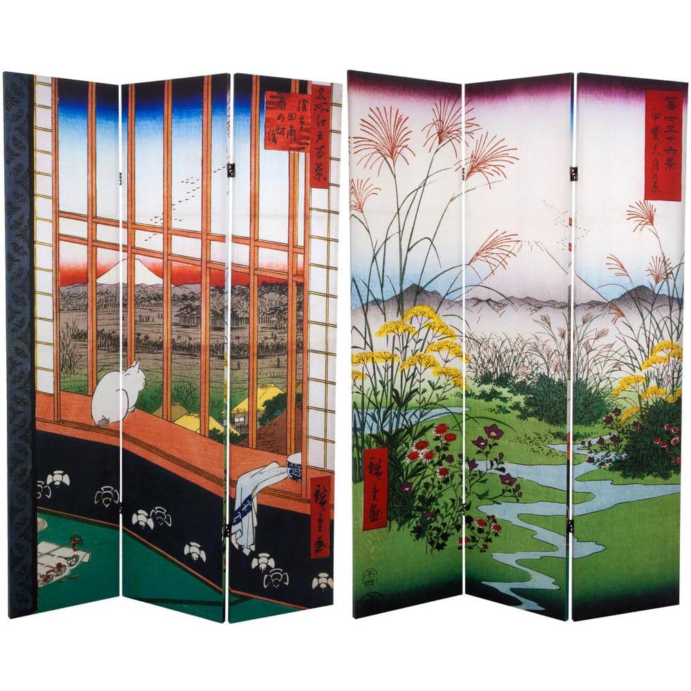 4 Folding Panels Wood Shoji Room Divider Screen Oriental Hiroshige Wave Pattern 