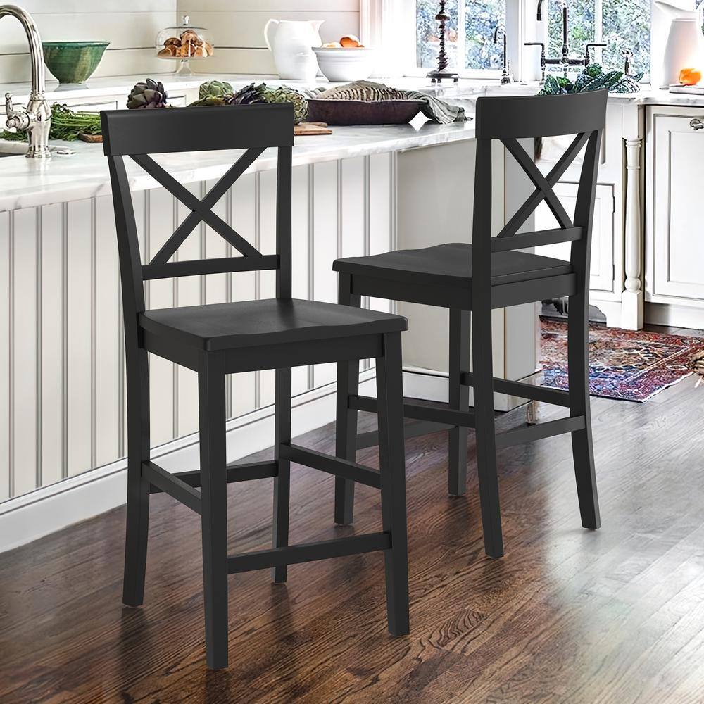 Ionia 24" Black Wood Counter Height Bar Stools, Set of 2