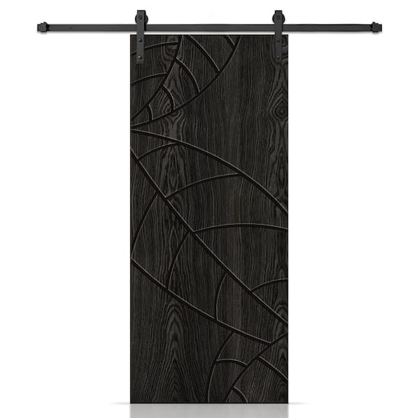 CALHOME 24 in. x 84 in. Leaf Hollow Core Charcoal Black Oak Veneer Composite Interior Sliding Barn Door with Hardware Kit