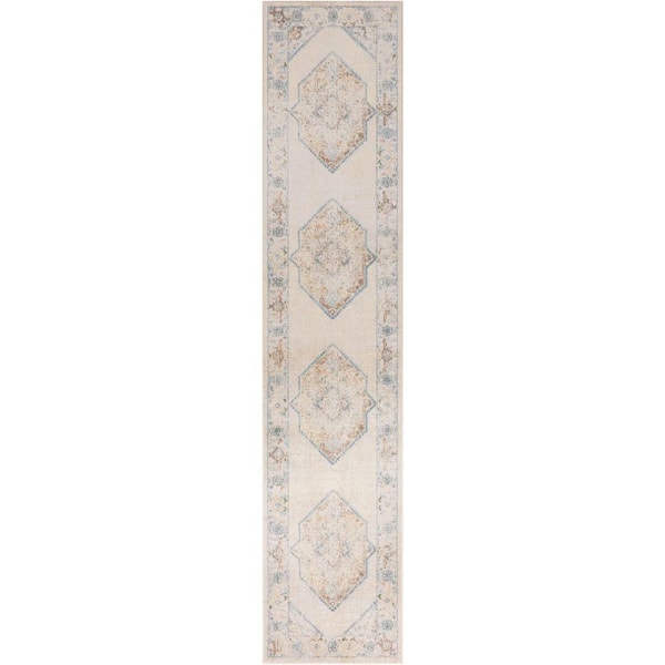 Nourison Astra Machine Washable Ivory Blue 2 ft. x 8 ft. Center medallion Traditional Runner Area Rug