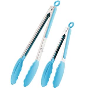 2-Pack (9 in. and 12 in.) Tongs For Cooking With Silicone Tips - Silver - Light Blue