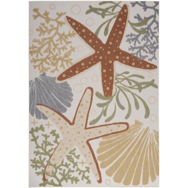 Ivory, Orange, Blue 5 ft. x  7 ft. Woven Abstract Polyester Runner Indoor/Outdoor Area Rug