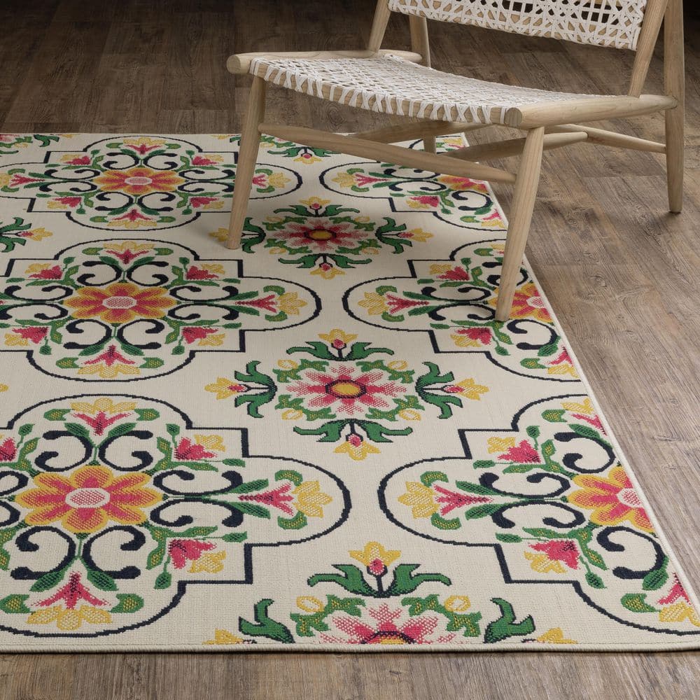 Hibiscus Ivory/Multi Doormat 3 ft. x 5 ft. Quatrefoil Floral Medallion Polypropylene Indoor/Outdoor Area Rug price history on PriceWatchPro
