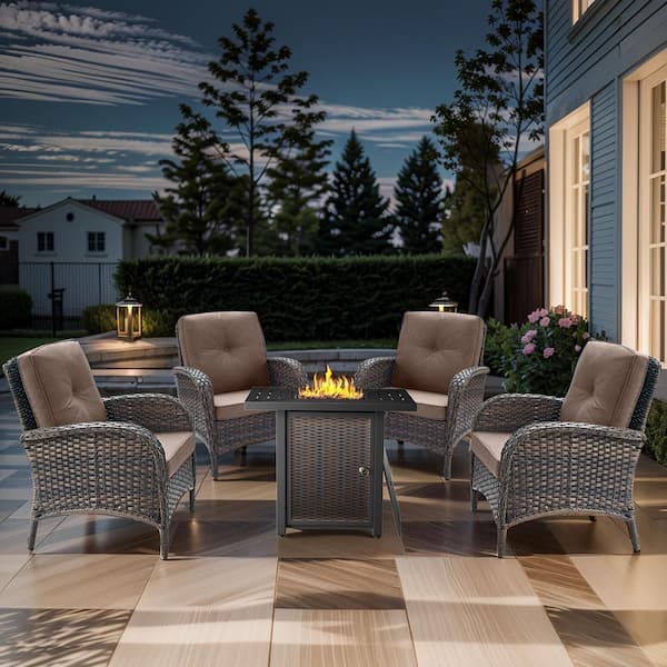 Carlos 5-Piece Wicker Patio Rectangle Fire Pit Conversation Set with Armchairs and Gray Cushions