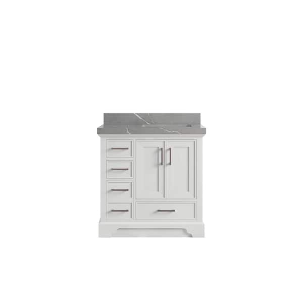 Willow Collections Charlotte 36 in. Right Offset Sink Freestanding White Bath Vanity with Piatra Gray Qt. Top Unassembled