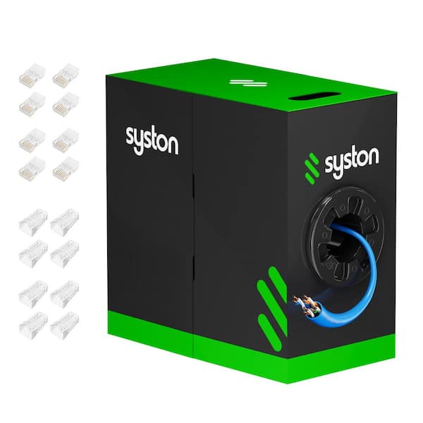 SYSTON CABLE TECHNOLOGY 1000 ft. Blue 24AWG Solid Copper CAT 5E CMR Riser Rated Data Network Ethernet Wire with RJ45 8-Position 8-Contact