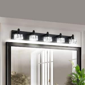 36 in. 5-Light Matte Black LED Vanity Light Bar with Crystal Glass Shades, Bathroom Wall Sconce