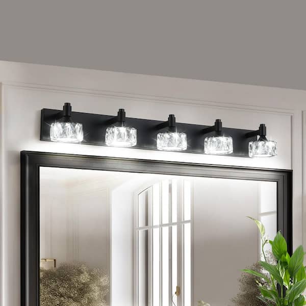 Gloweer 36 in. 5-Light Matte Black LED Vanity Light Bar with Crystal Glass Shades, Bathroom Wall Sconce