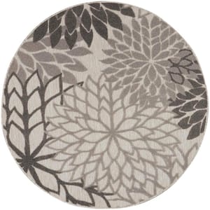 Aloha Gray 4 ft. x 4 ft. Round Floral Modern Indoor/Outdoor Patio Area Rug
