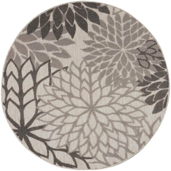 Nourison Aloha Gray 4 ft. x 4 ft. Round Floral Modern Indoor/Outdoor Patio Area Rug