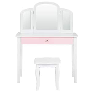 2-Piece MDF Top White Bar Table Set Kids Vanity Set Princess Makeup Dressing Play Table Set