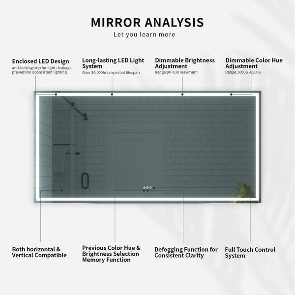Taimei 72 in. W x 36 in. H Frameless LED Single Bathroom Vanity Mirror in Polished Crystal