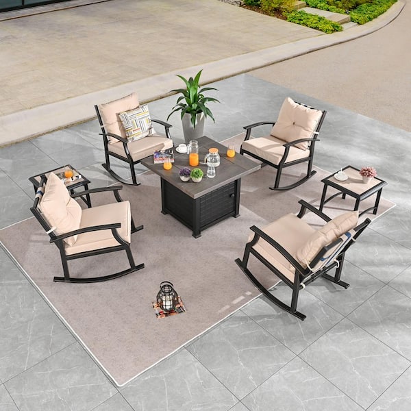 Patio Festival 7-Piece Metal Patio Conversation Set with Beige Cushions